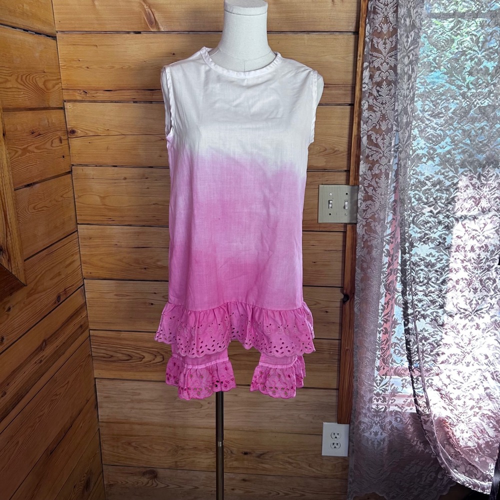 Vintage Ombre Eyelet Tunic Large Pink White Custom Upcycled Handmade Ruffle Mode